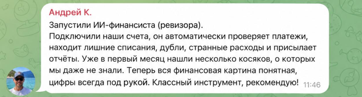 Отзыв Андрея К.: ИИ-финансист проверяет платежи по счетам, находит лишние списания и дубли, присылает отчёты